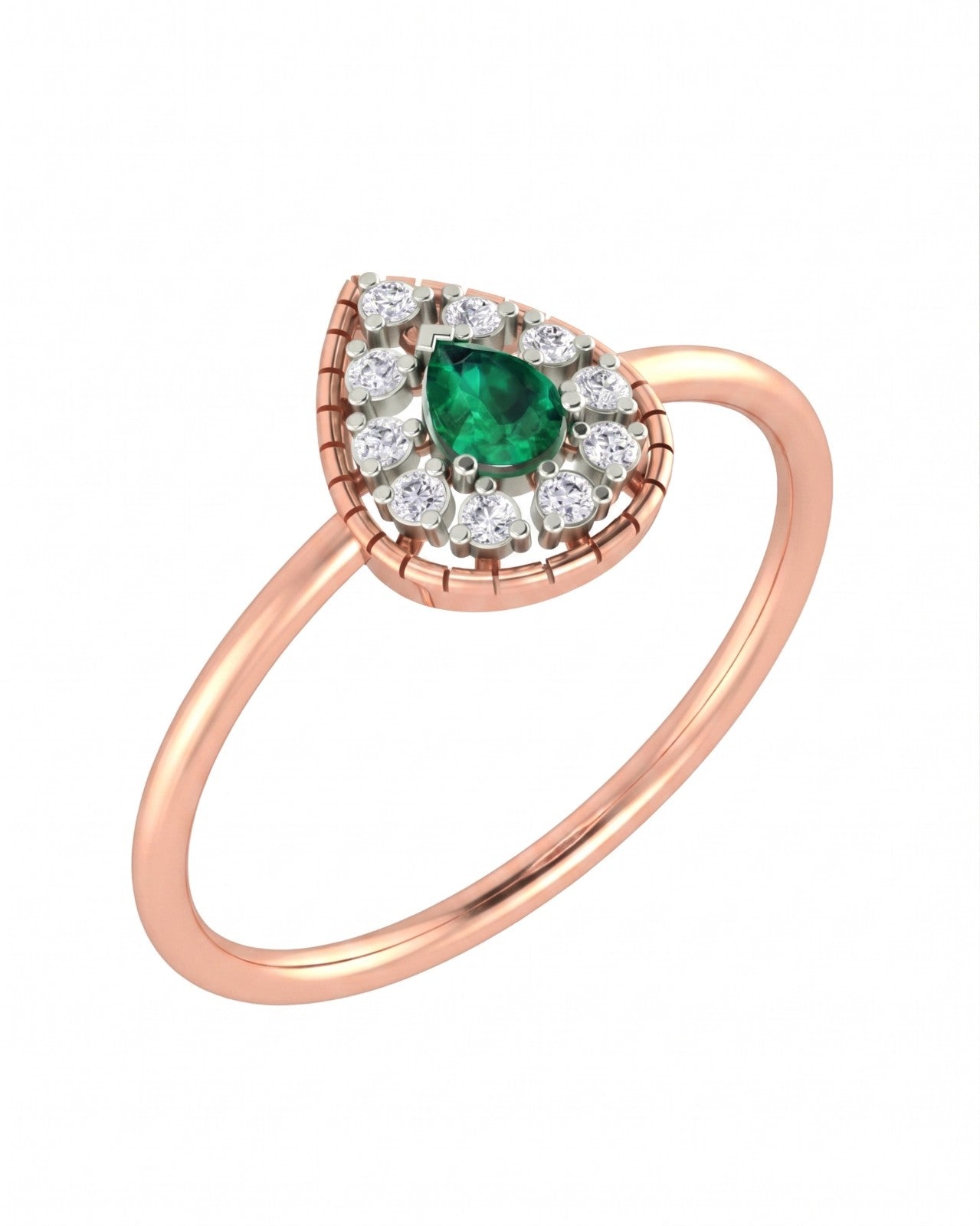 Rose gold and diamond with teardrop emerald gemsotne setting on a white background.