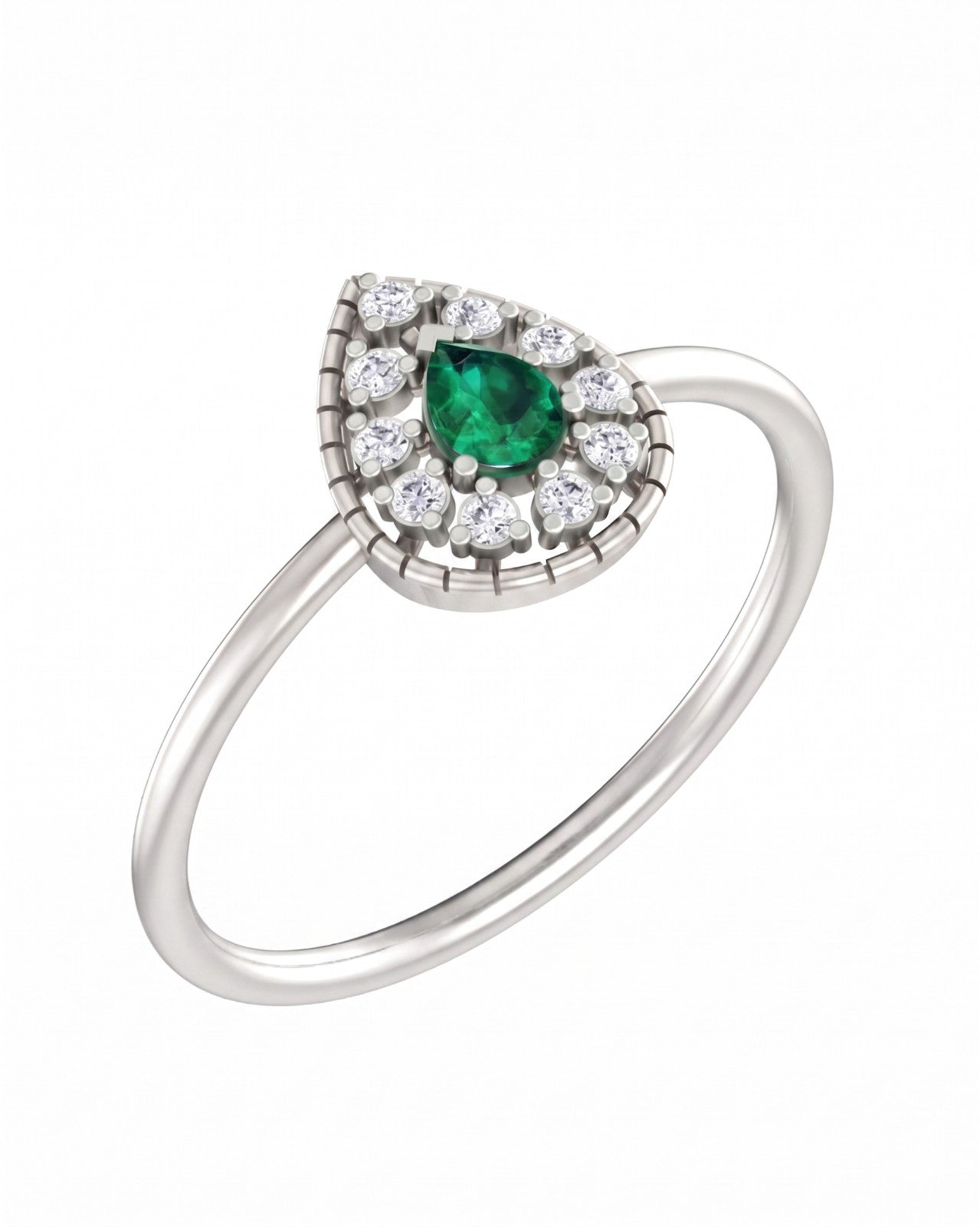 White gold and diamond with teardrop emerald gemsotne setting on a white background.