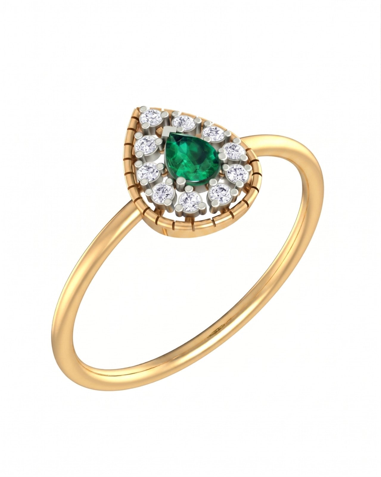 Yellow gold and diamond with teardrop emerald gemsotne setting on a white background.