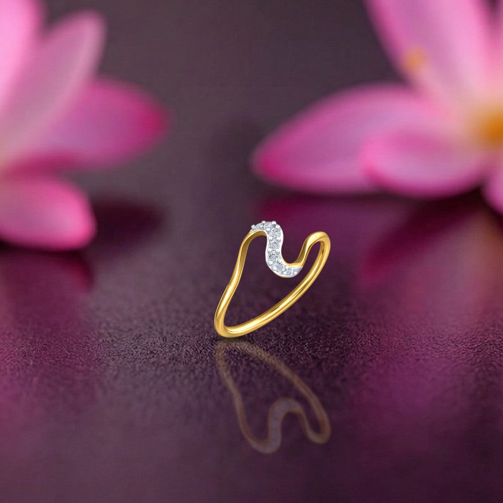 Gold and diamond half-eternity women's ring on a reflective surface.