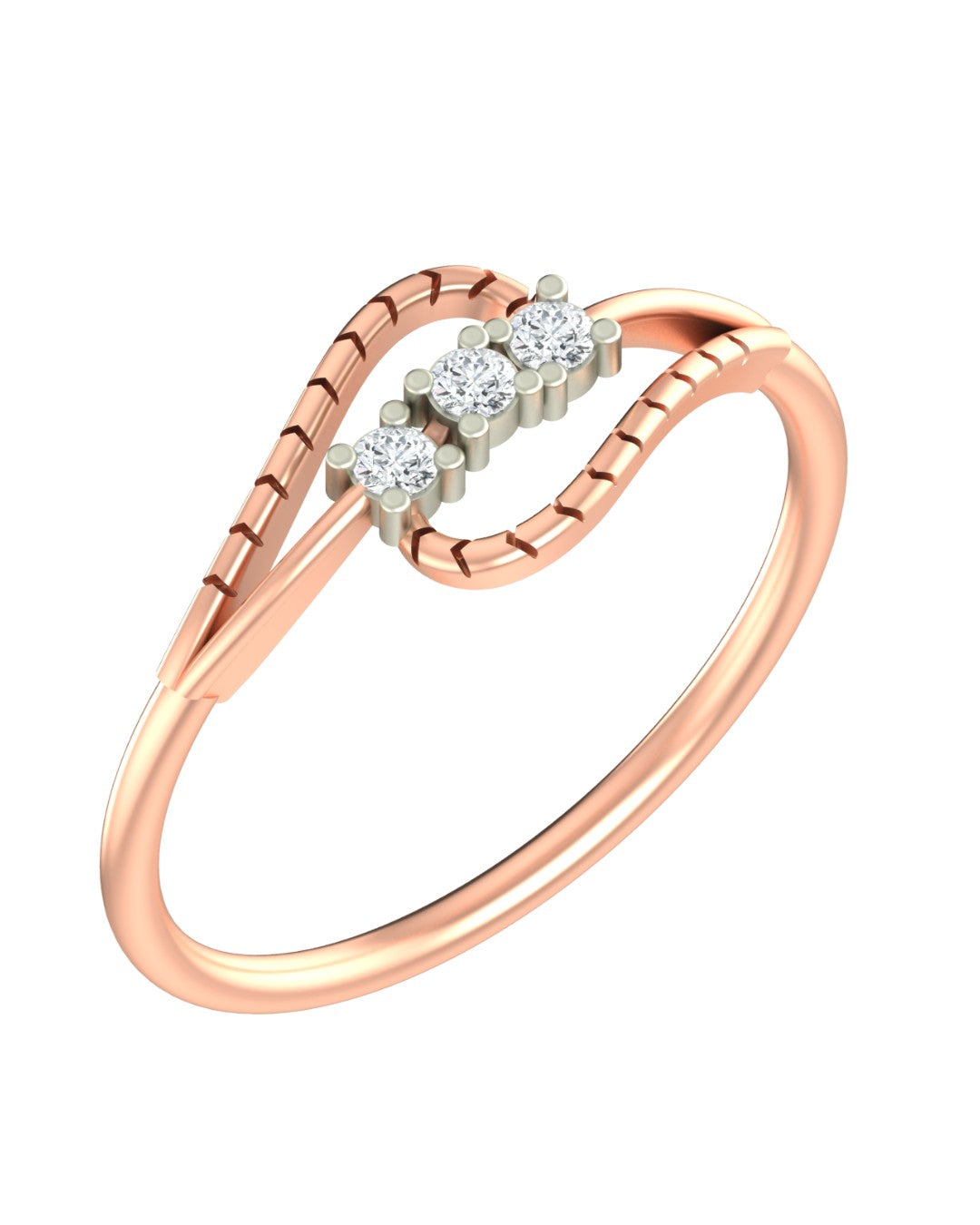 Rose gold and diamond women's ring on a white background.