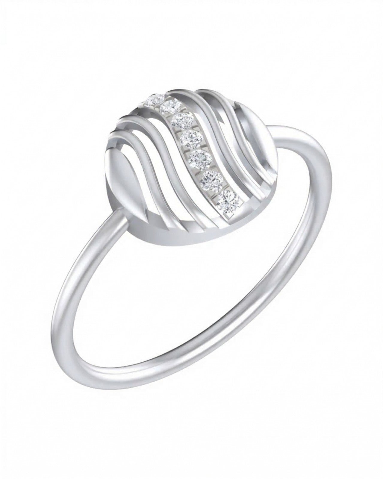 A white gold ring featuring a central channel of clear pavé diamonds, shown on a solid white background.
