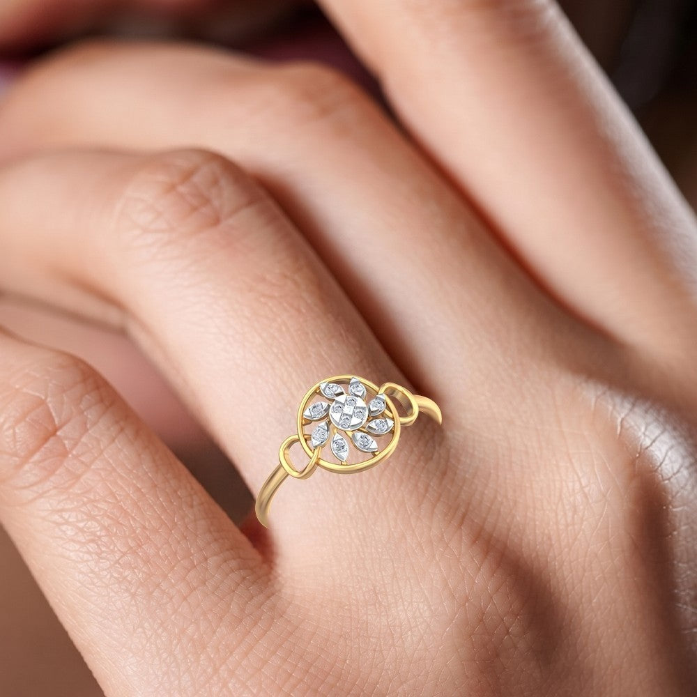 Gold ring with diamonds on a person's finger