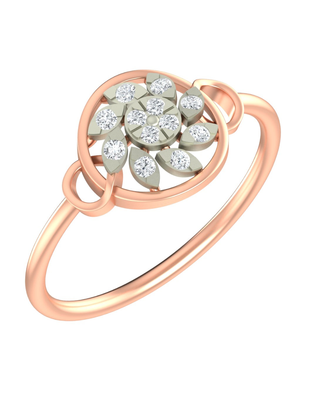 A rose gold and diamond ring featuring a floral cluster, shown on a plain white background.