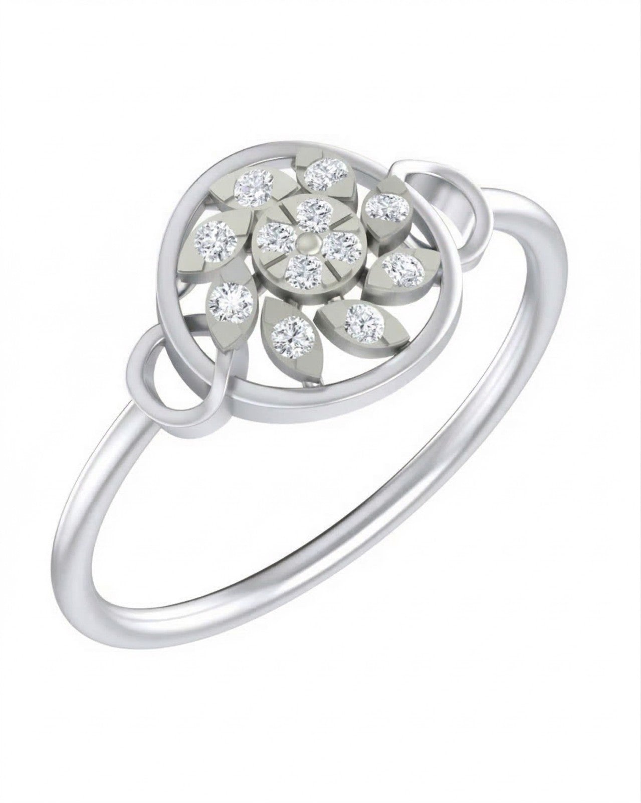 A white gold and diamond ring featuring a floral cluster, shown on a plain white background.