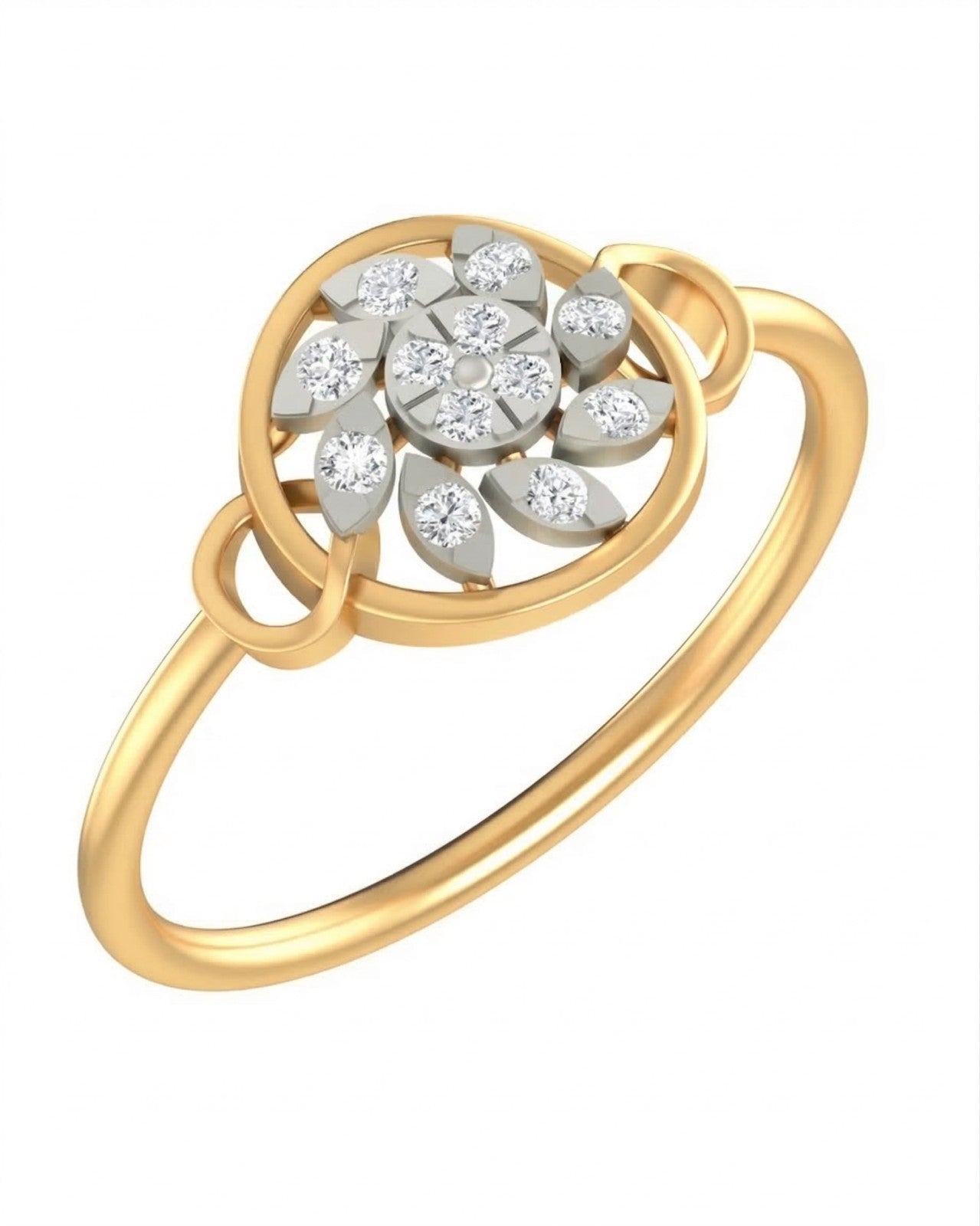 Yellow gold ring with diamond accents on a white background