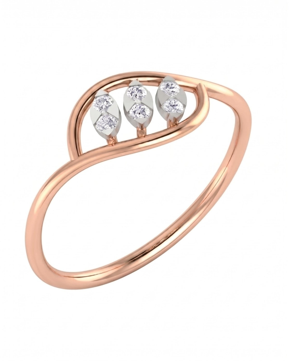 Rose gold and diamond ring on a white background.