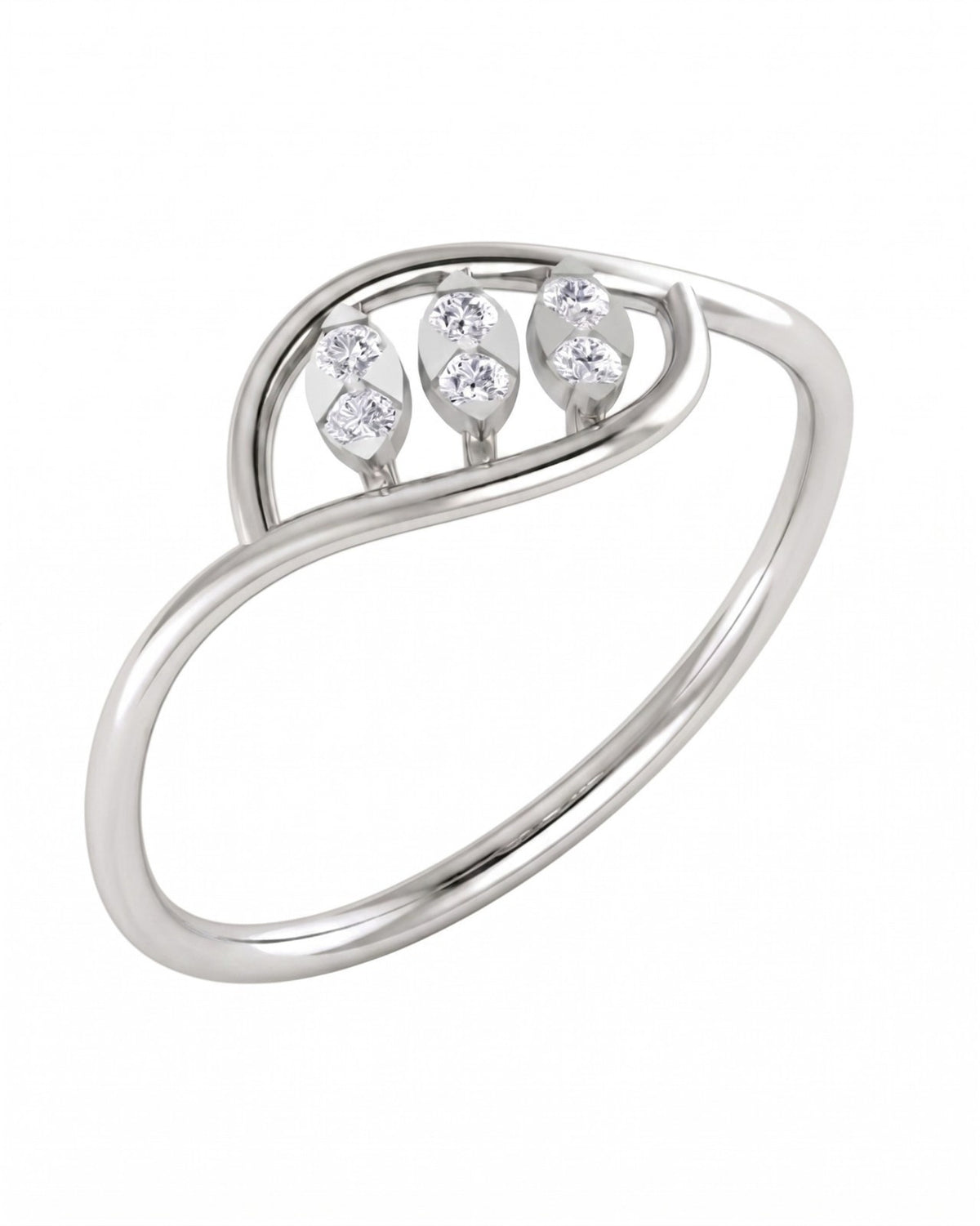 White gold and diamond ring on a white background.