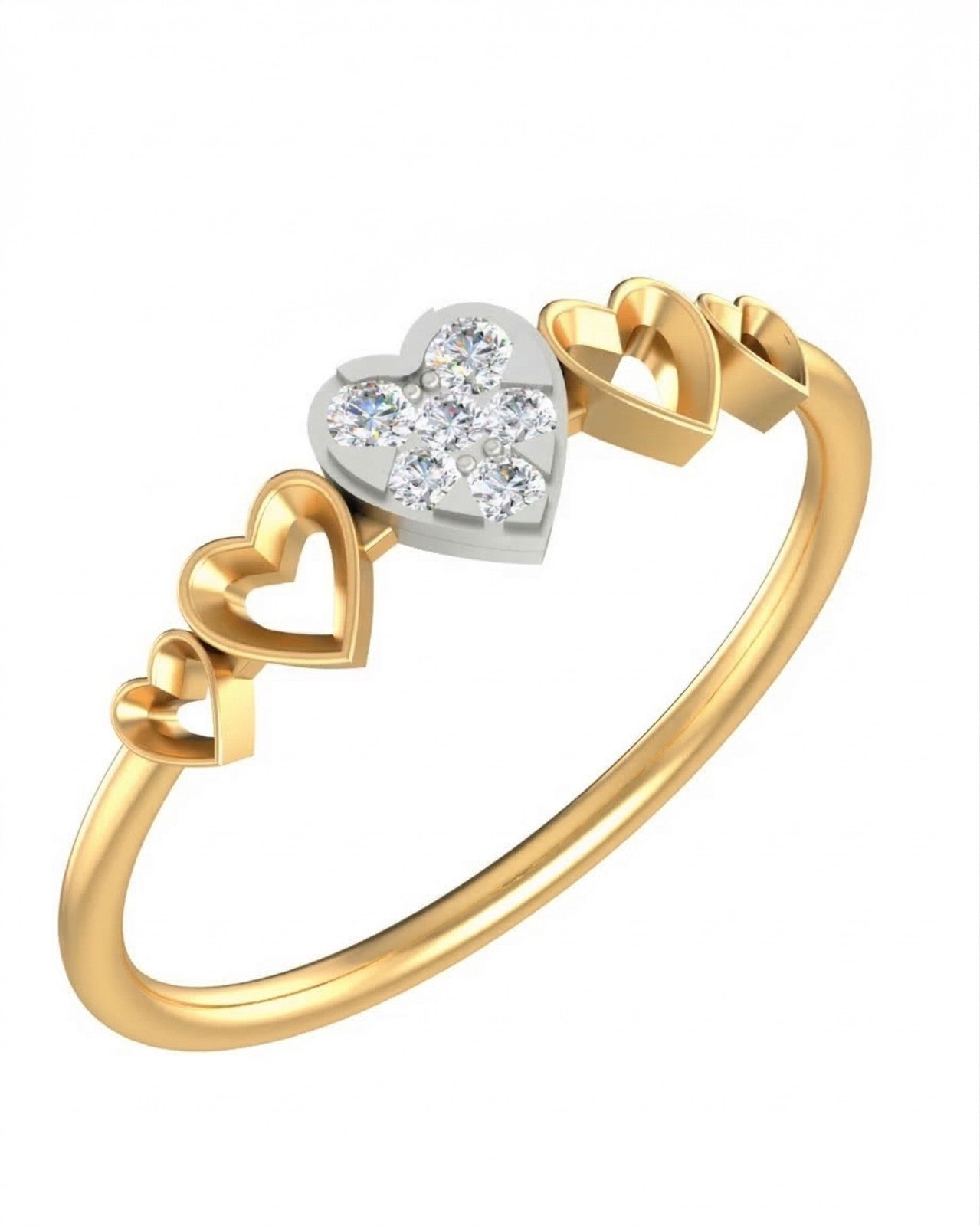 Yellow gold and diamond with heart-shaped cluster setting on a white background.