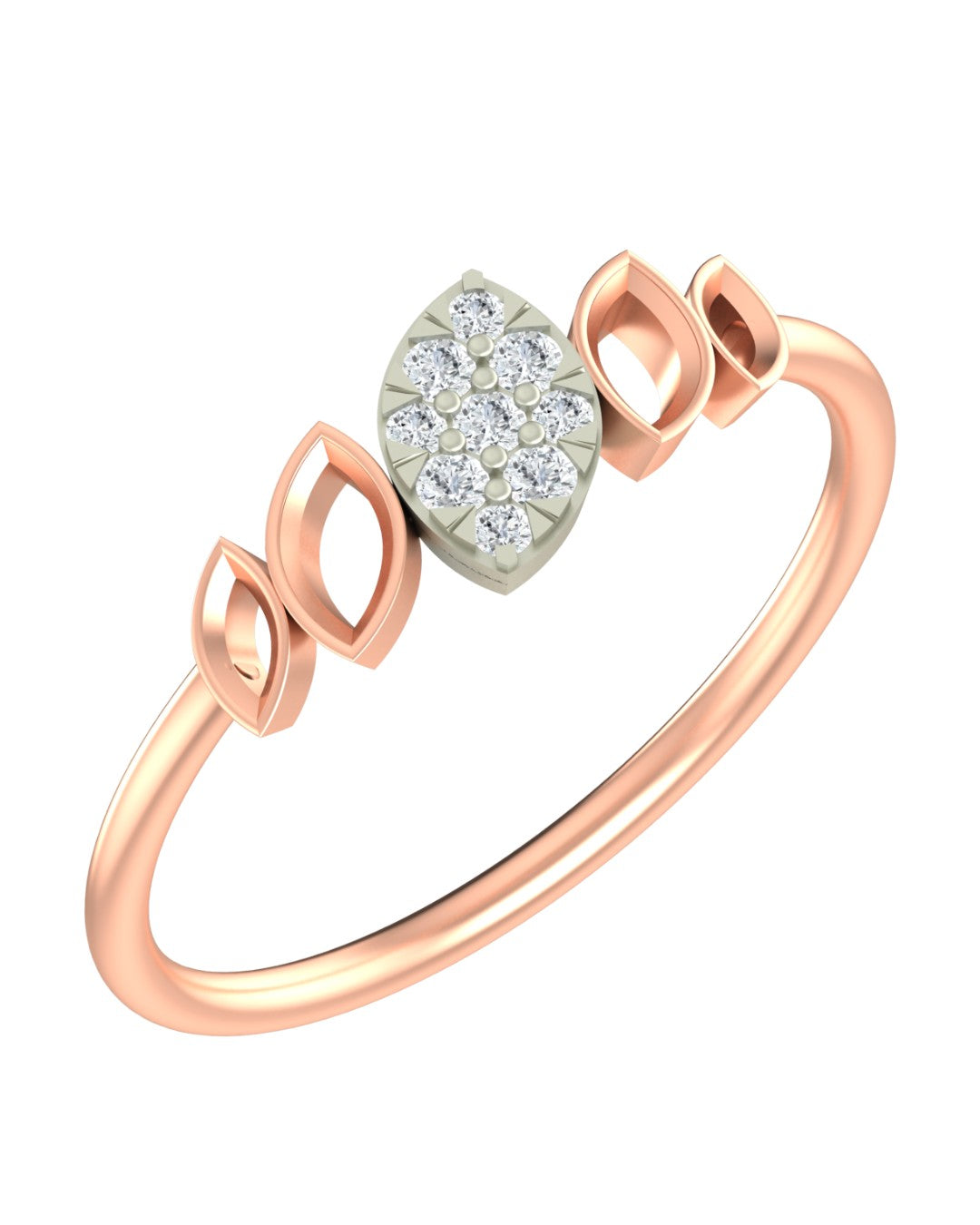 A rose gold ring with a marquise-shaped center cluster, shown on a plain white background.