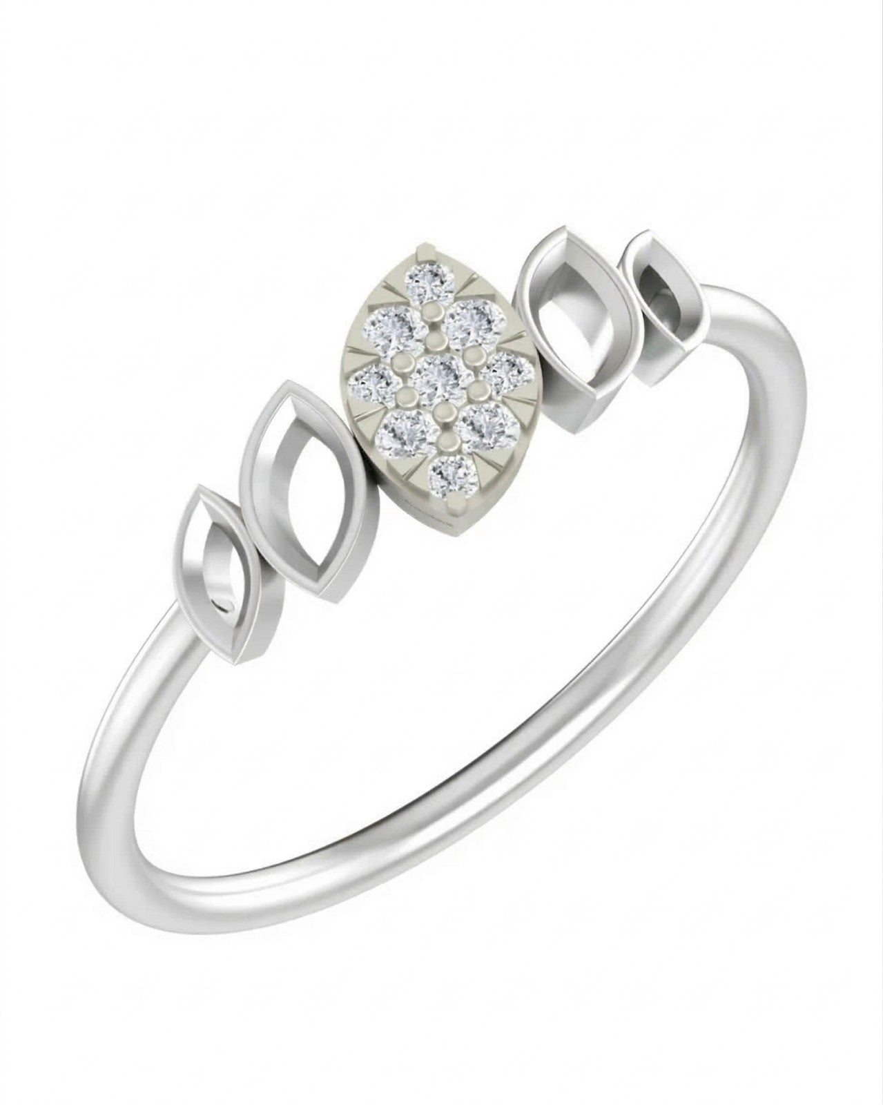 A white gold ring with a marquise-shaped center cluster, shown on a plain white background.