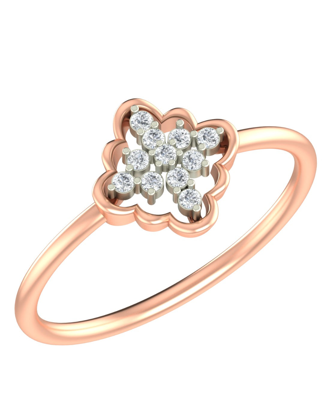 A rose gold ring featuring a floral-shaped setting with a cluster, shown on a plain white background.