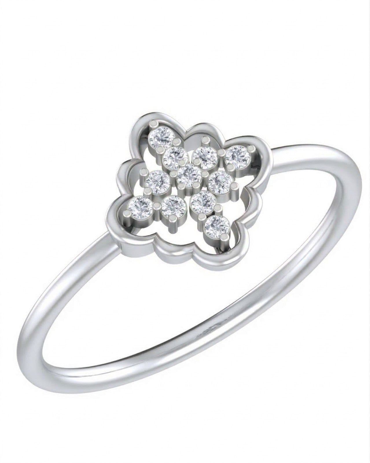 A white gold ring featuring a floral-shaped setting with a cluster, shown on a plain white background.