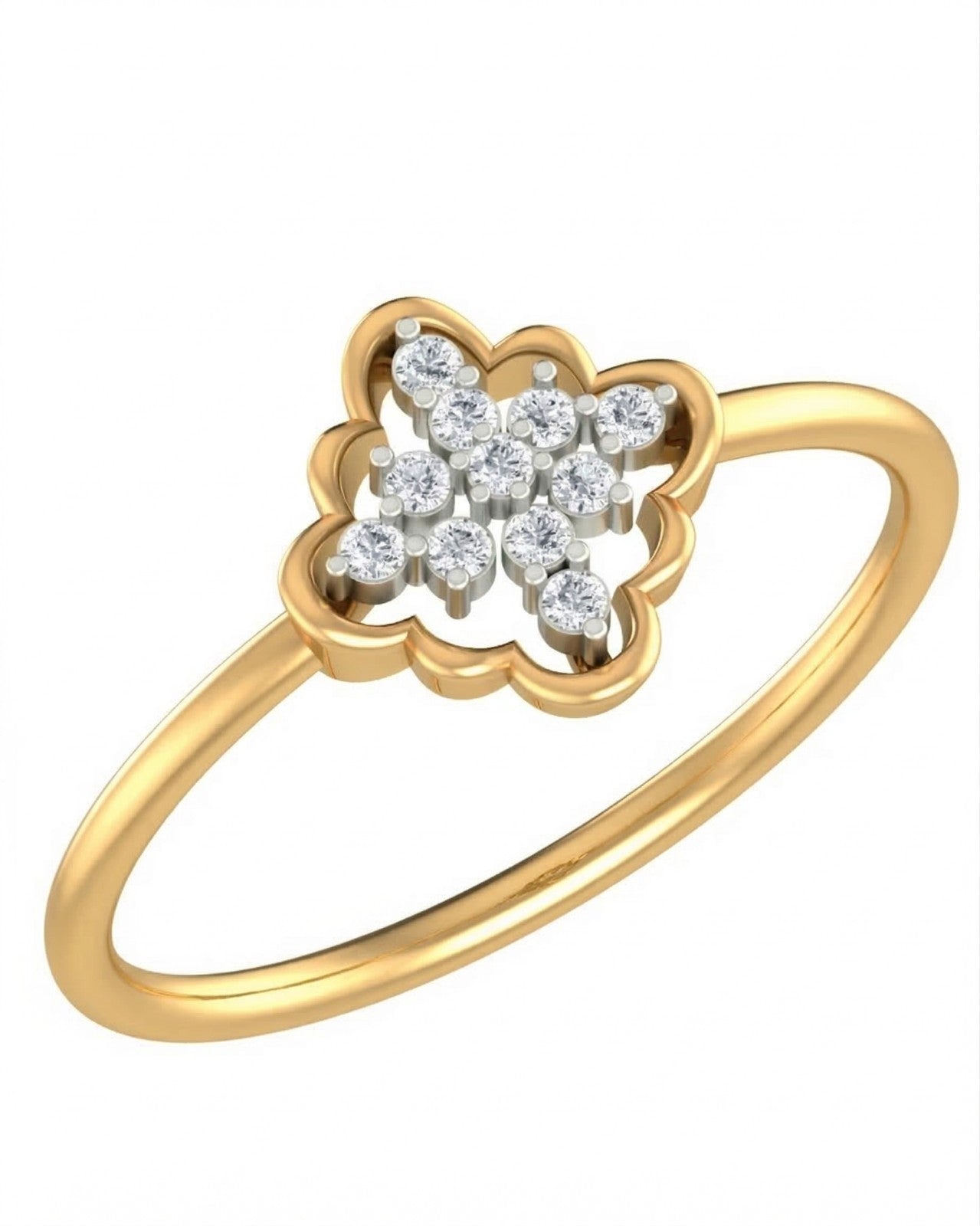 A yellow gold ring featuring a floral-shaped setting with a cluster, shown on a plain white background.