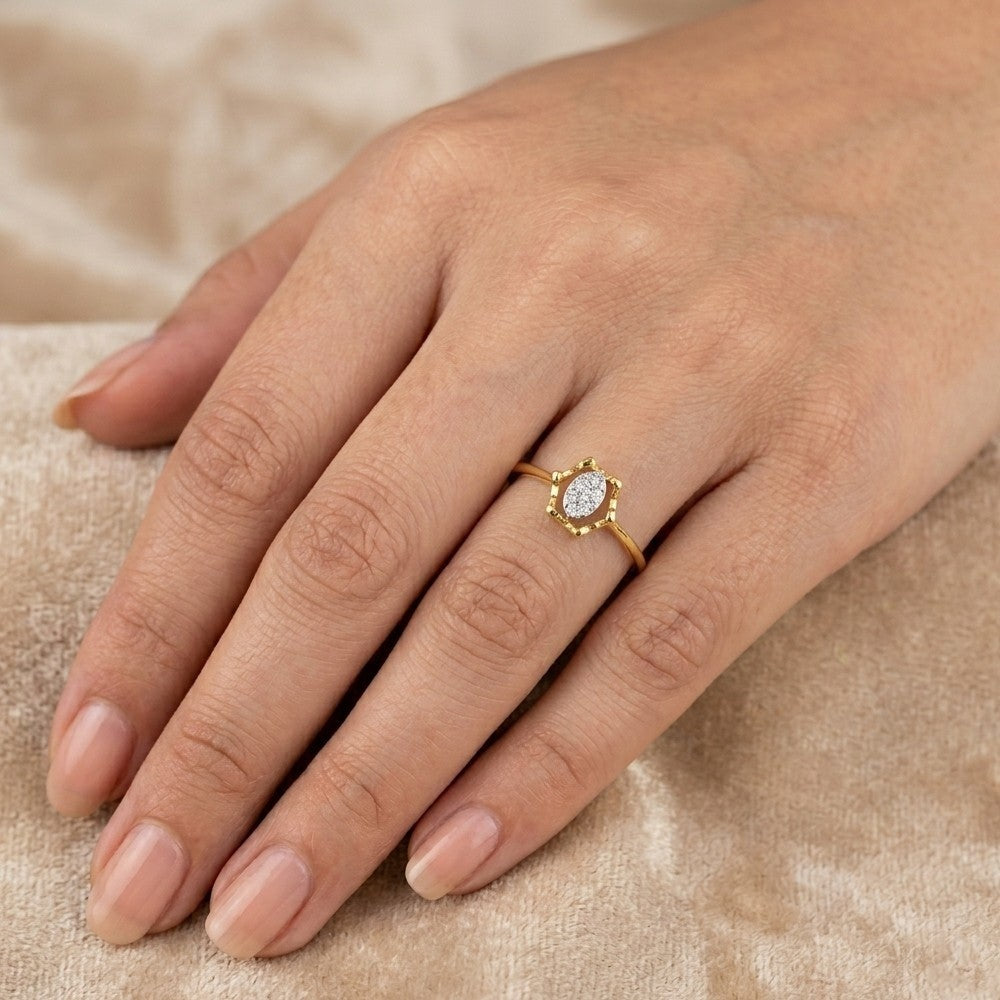 Close-up shot of a gold and diamond with cluster setting ring.