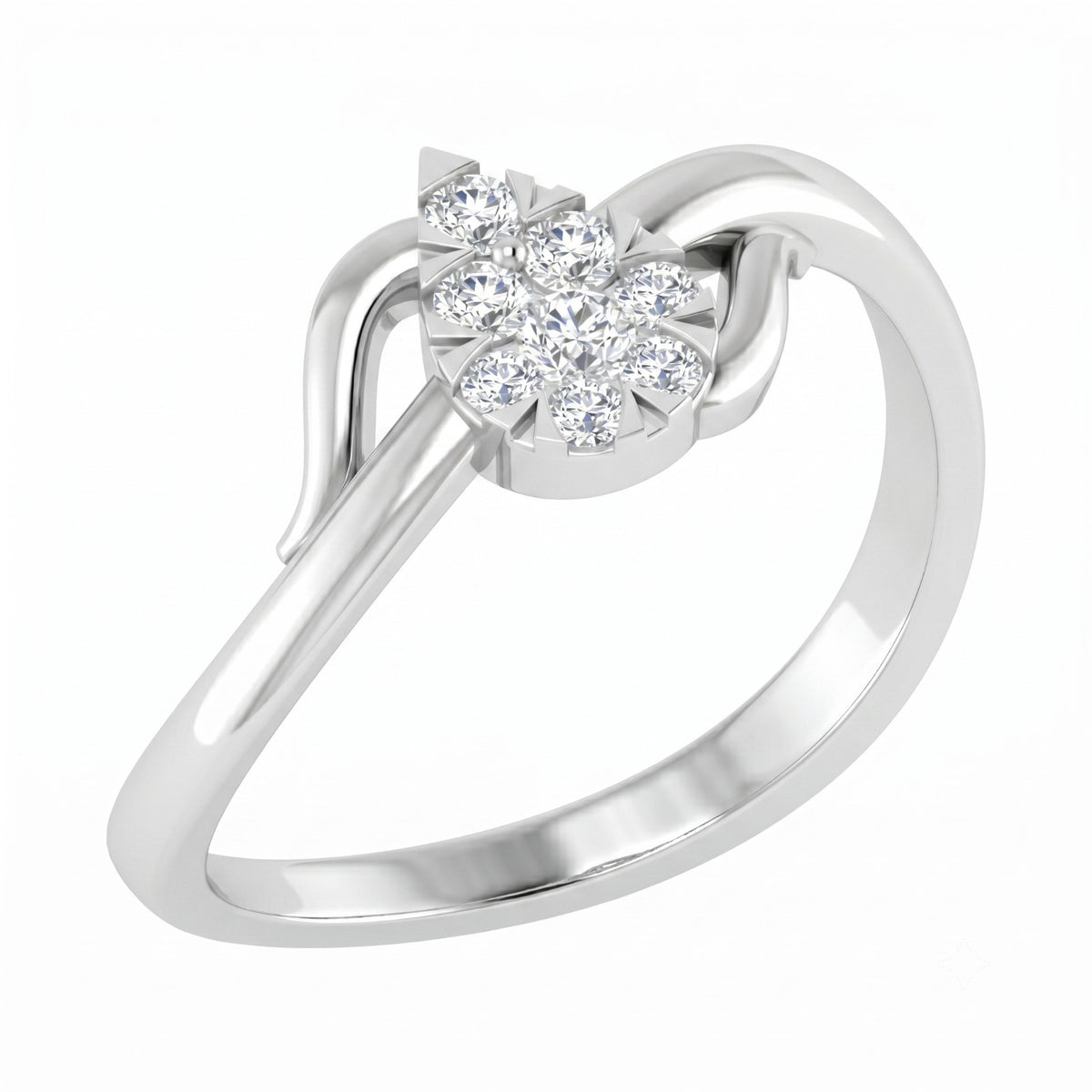 White gold and diamond with cluster teardrop setting ring on a white background.