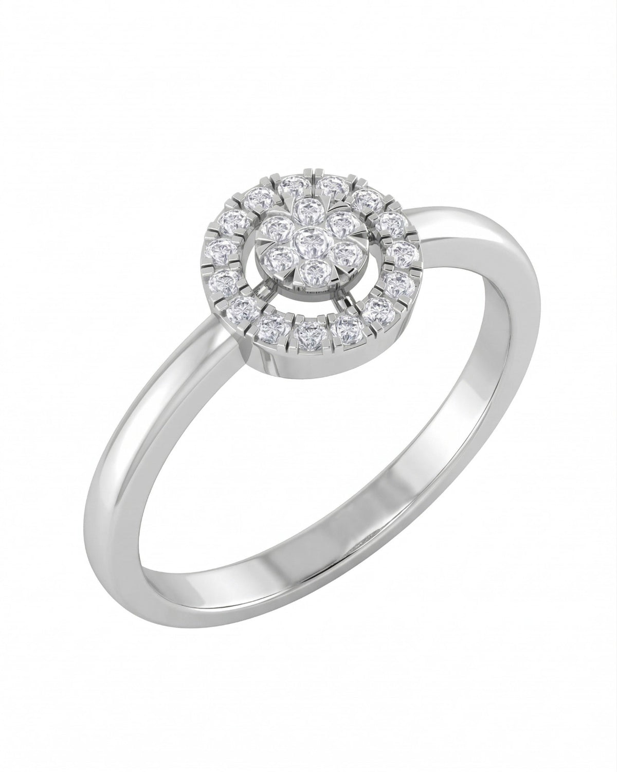 A white gold ring with a circular halo design, shown on a plain white background.