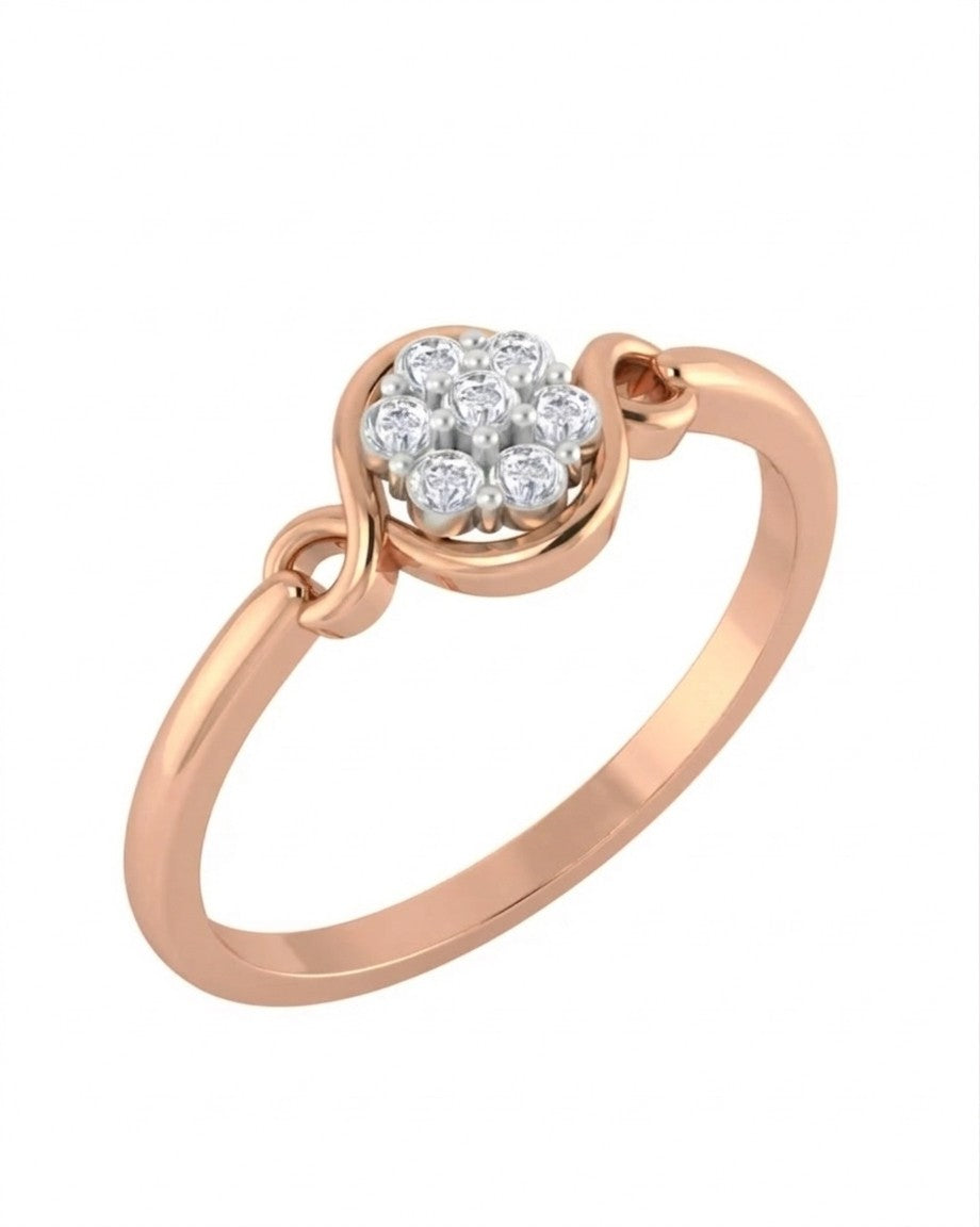 Rose gold ring with a diamond cluster on a white background