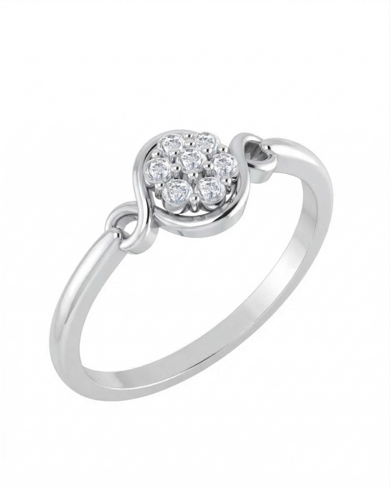 White gold ring with a diamond cluster on a white background