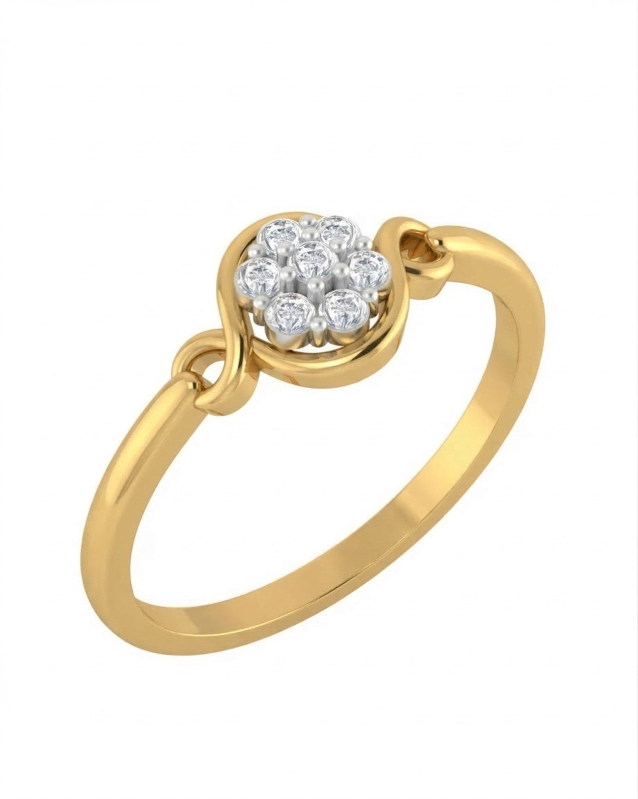Yellow gold ring with a diamond cluster on a white background