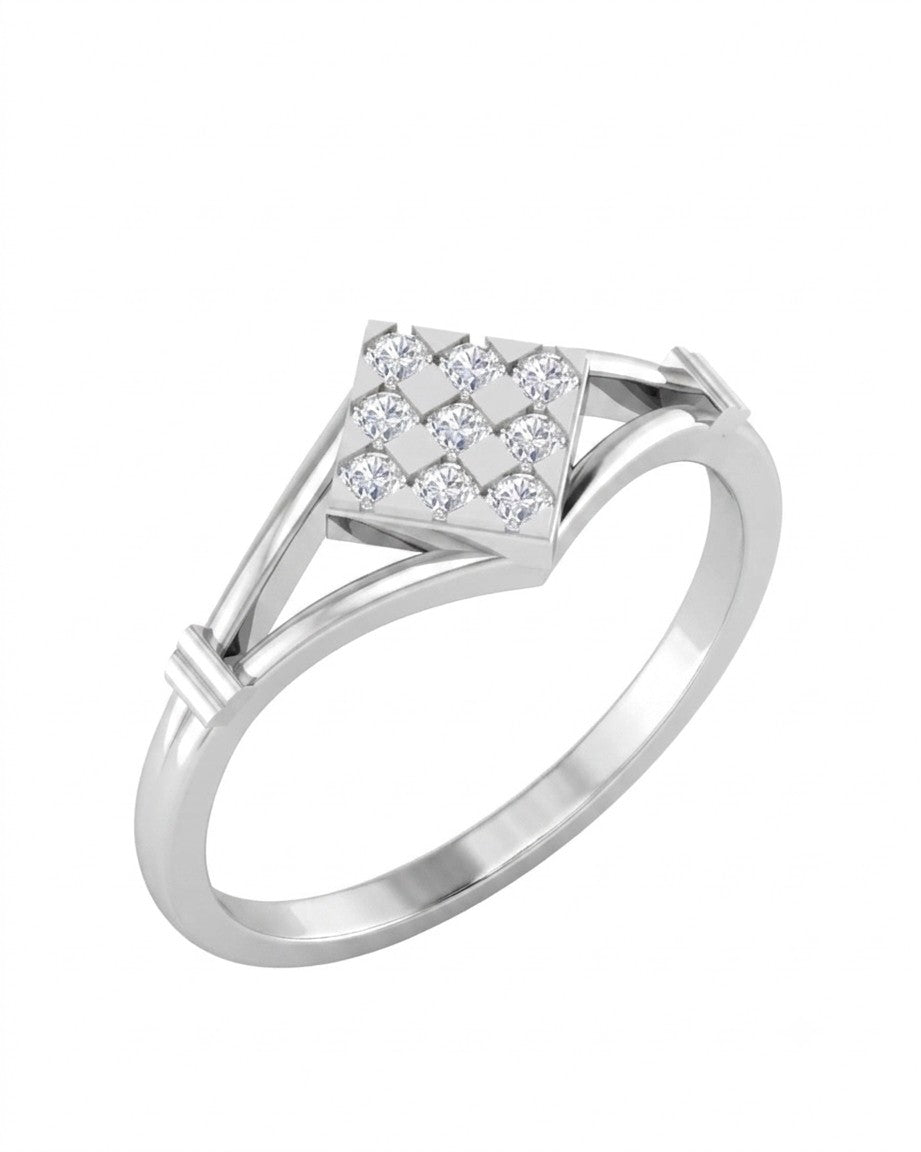 A white gold ring with a square diamond cluster center set, shown on a plain white background.