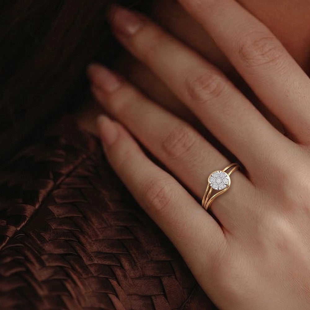 Close-up shots of agold and diamond with cluster setting women's ring.