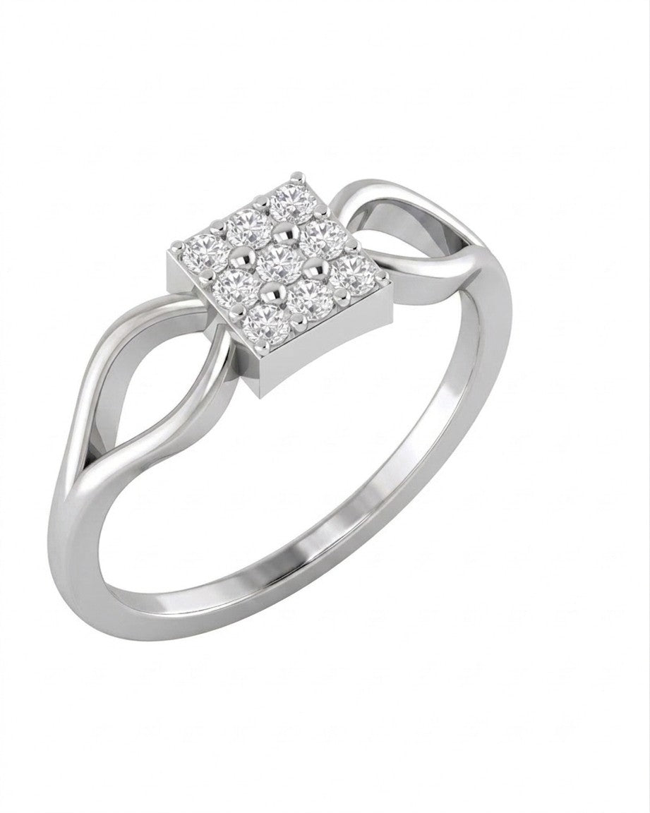 White gold and diamond ring with a square cluster on a white background