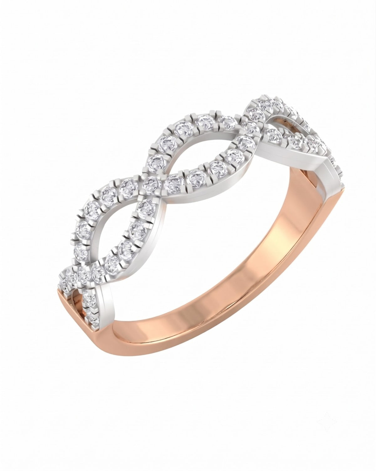 Rose gold and diamond half-eternity ring on a white background