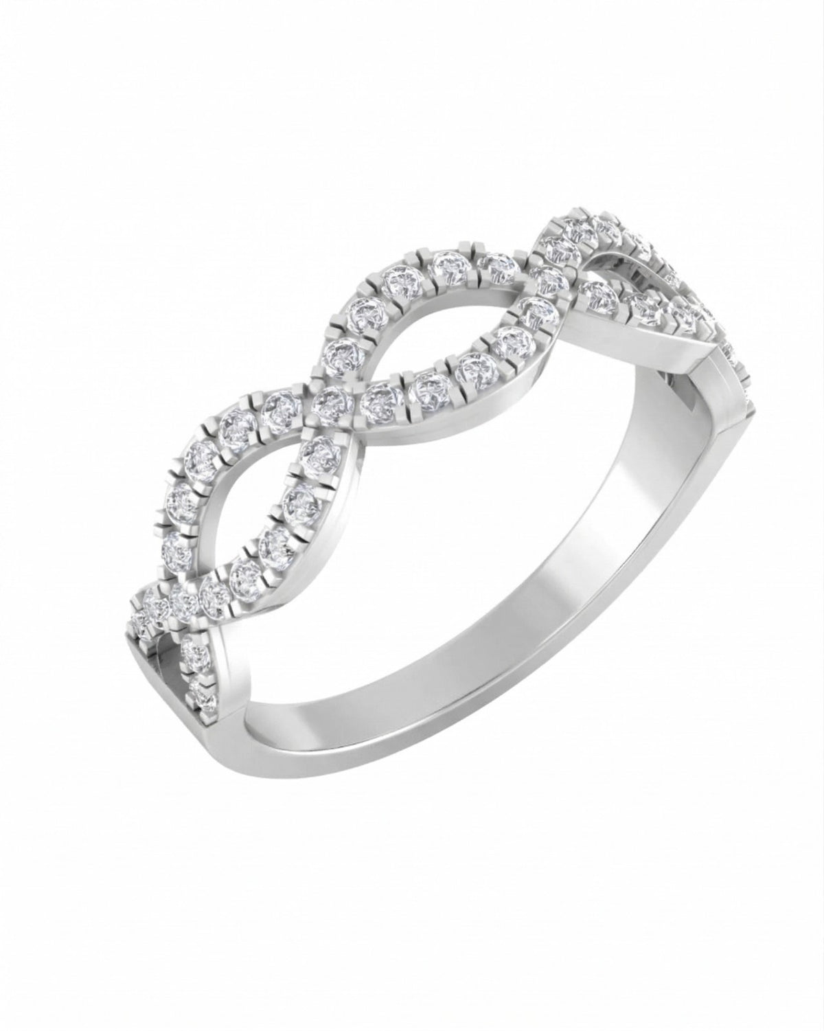 White gold and diamond half-eternity ring on a white background