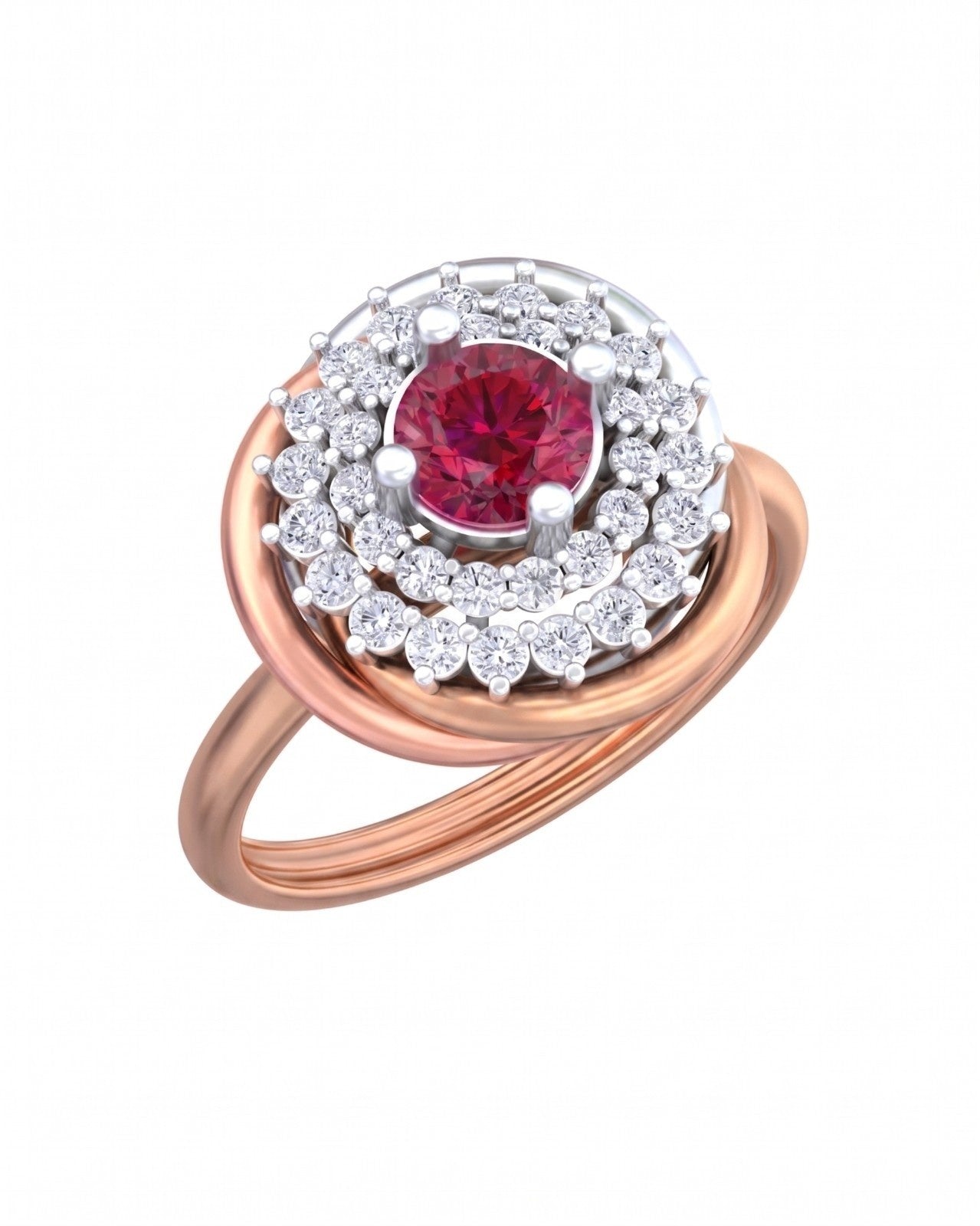 Rose gold ring with a red gemstone and diamond accents on a white background.