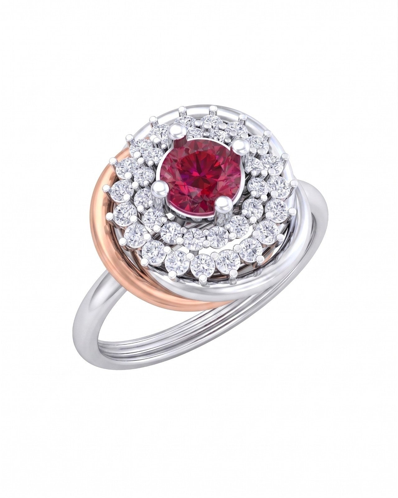 White gold ring with a red gemstone and diamond accents on a white background.