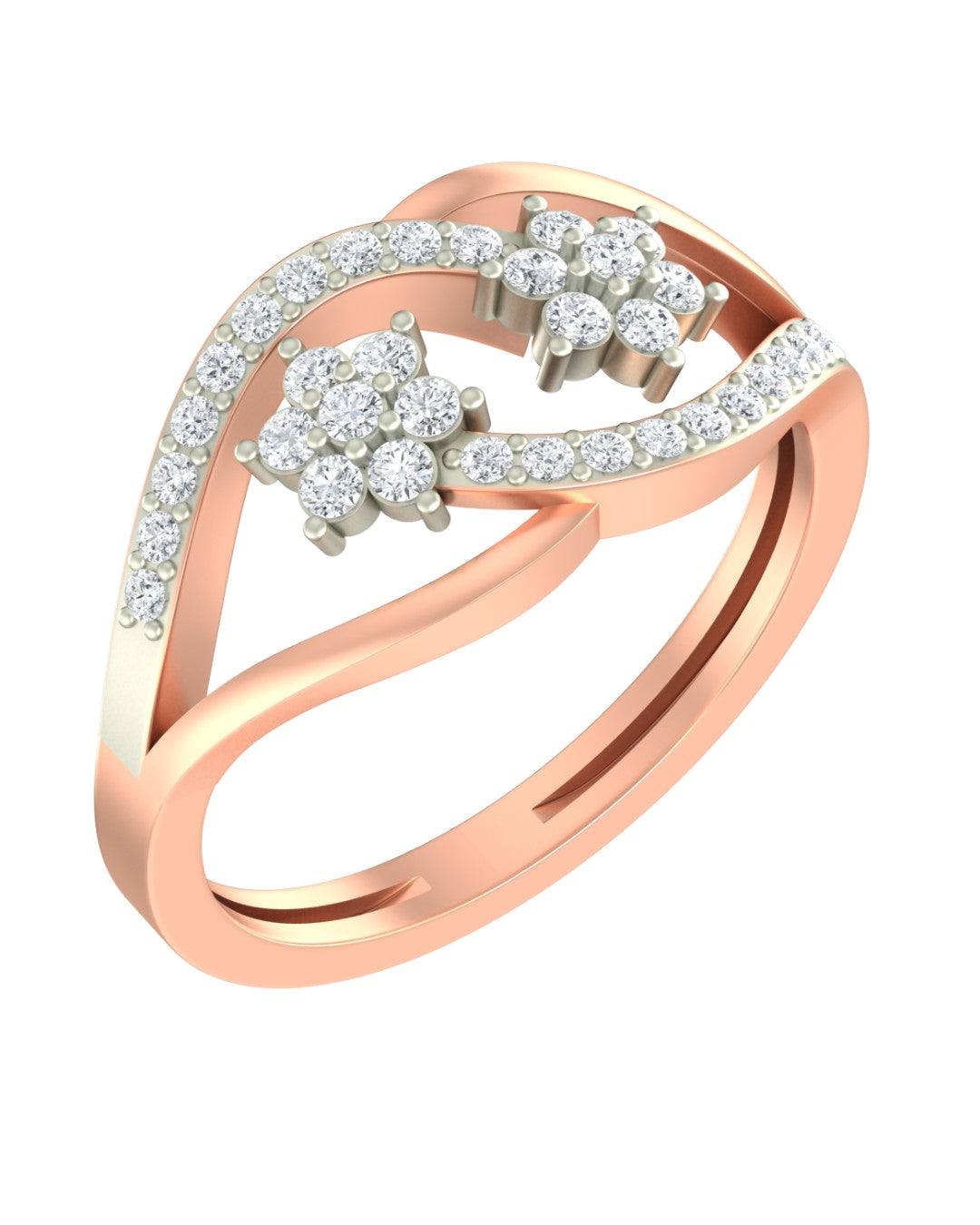 A rose gold ring with a curved, openwork design, featuring two larger floral clusters, shown on a plain white background.