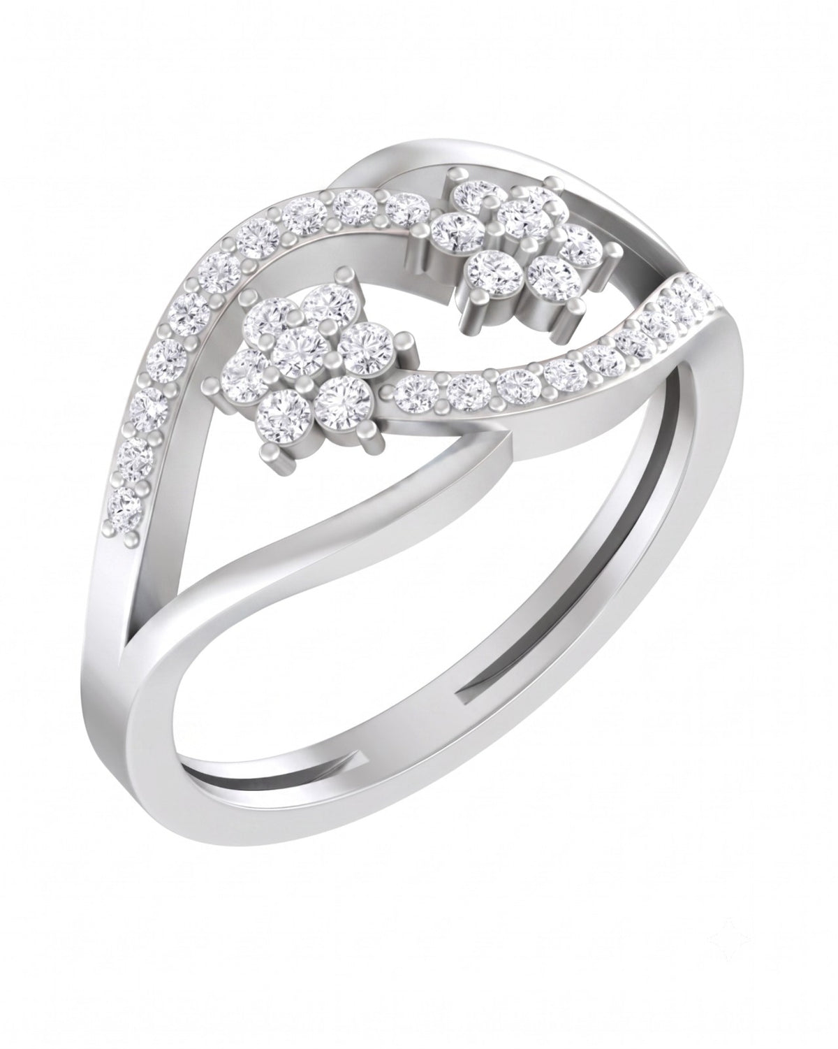 A white gold ring with a curved, openwork design, featuring two larger floral clusters, shown on a plain white background.