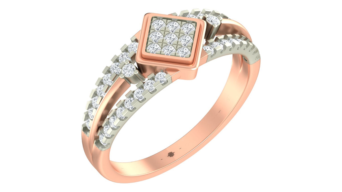 Rose gold and diamond cluster women's ring on a white background.