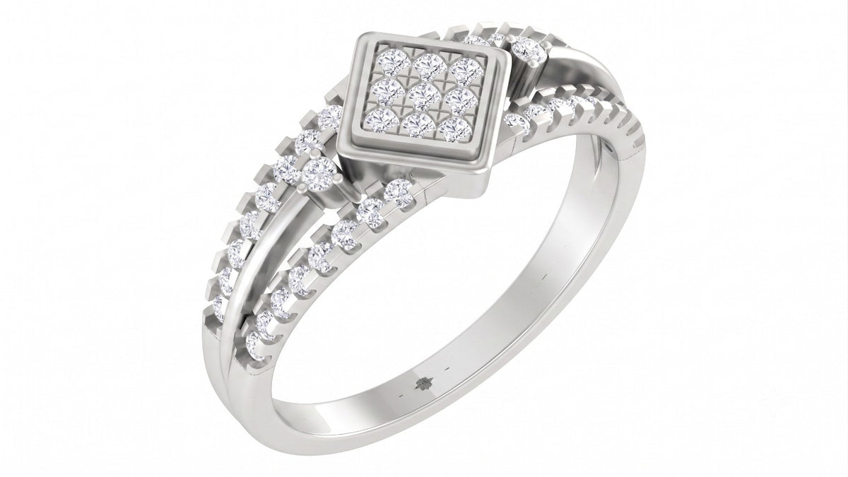 White gold and diamond cluster women's ring on a white background.