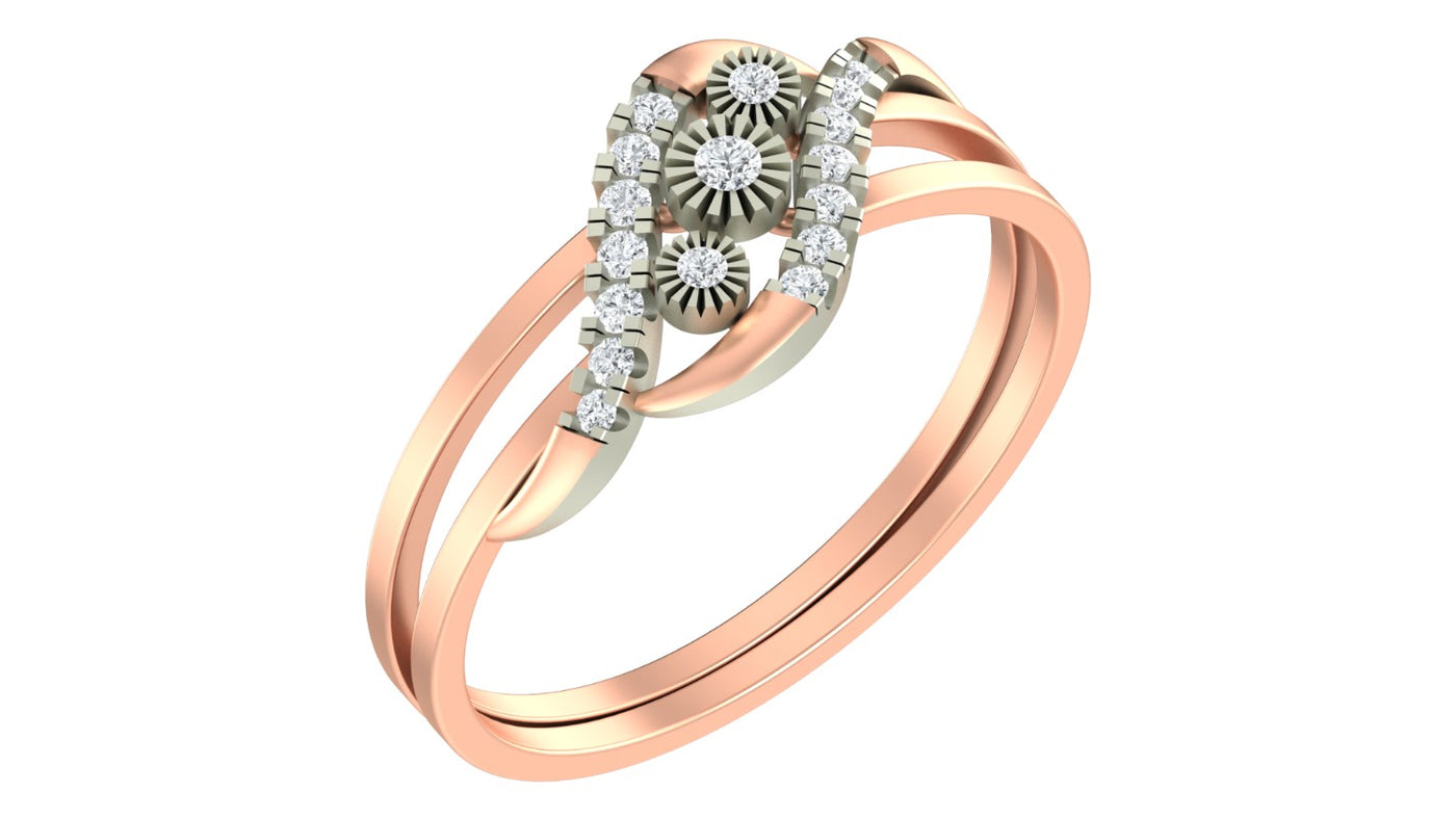 Rose gold and diamond women's ring on a white background.