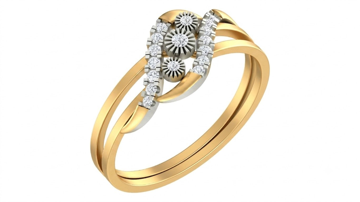 Yellow gold and diamond women's ring on a white background.
