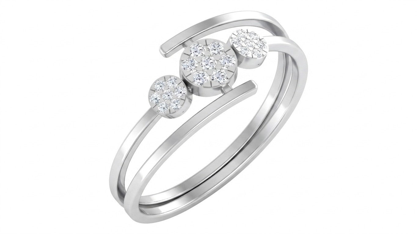White gold ring with three diamond-like stones on a white background.