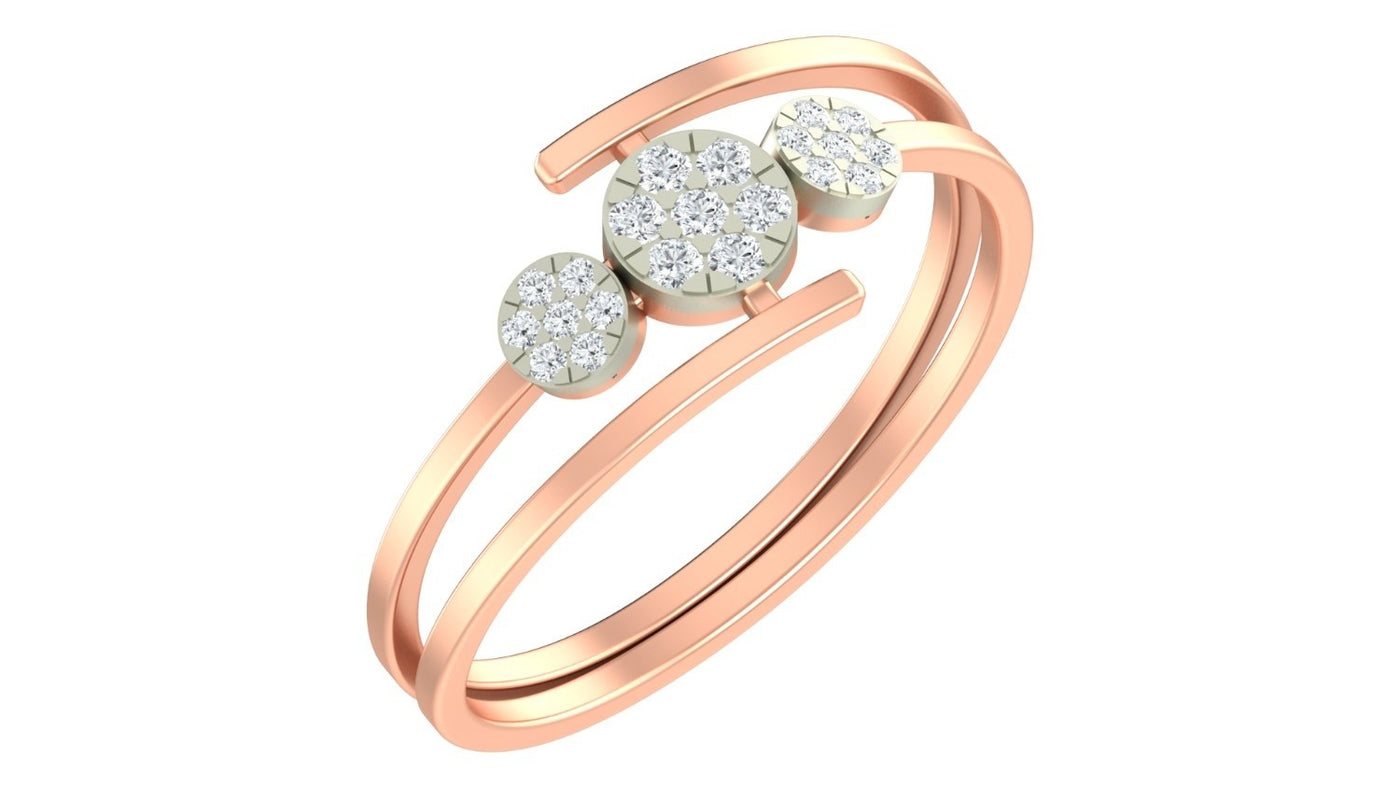 Rose gold ring with three diamond-like stones on a white background.
