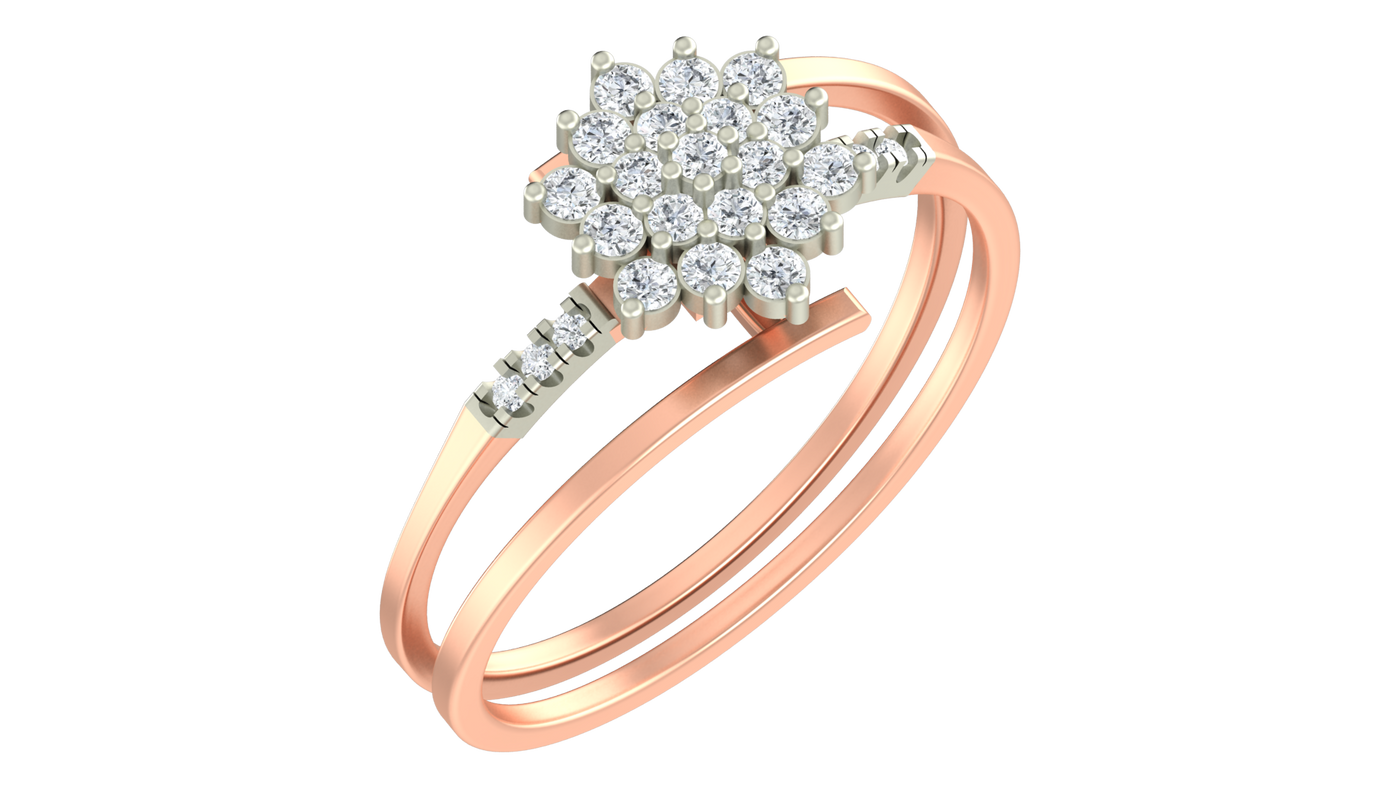 Rose gold ring with diamond cluster on a white background