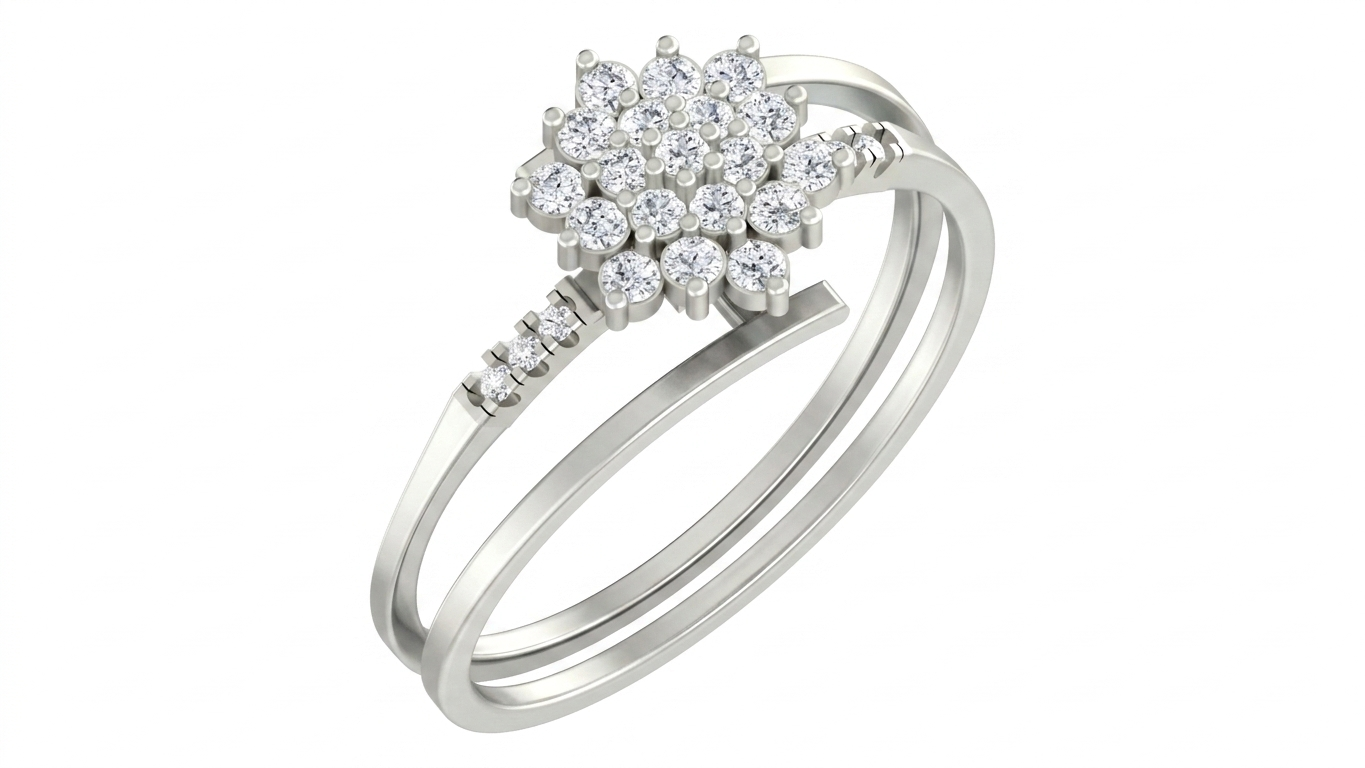 White gold ring with diamond cluster on a white background