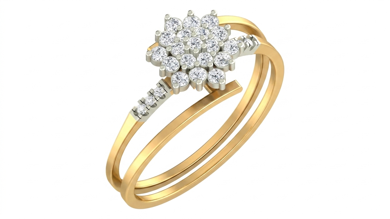 Yellow gold ring with diamond cluster on a white background