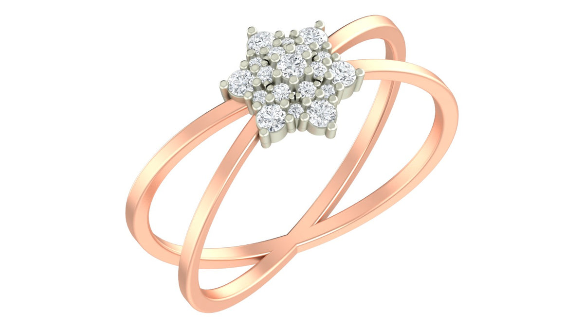 A rose gold and diamond ring with a floral cluster on a white background.