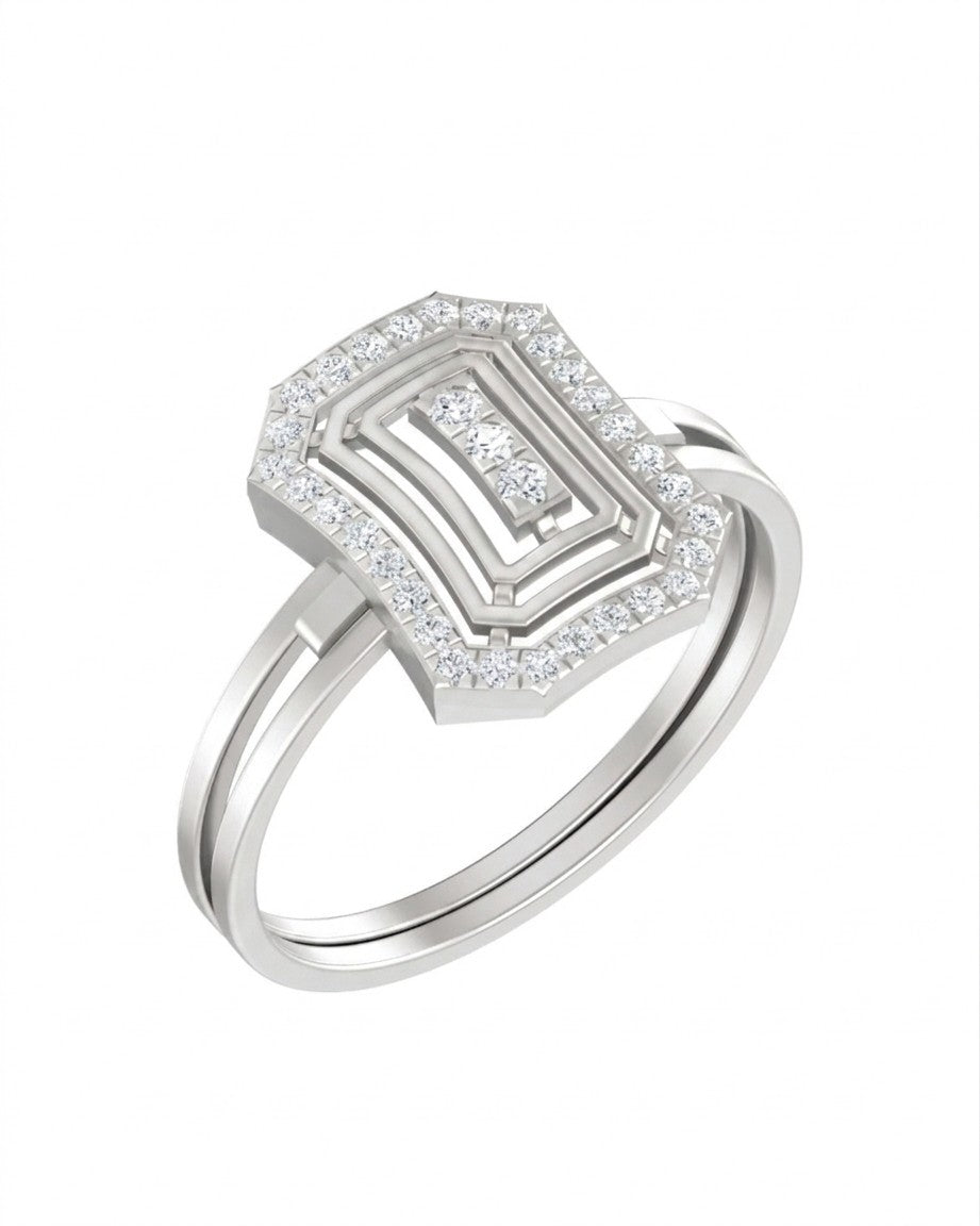 A white gold ring with a geometric, multi-layered design, shown on a plain white background.