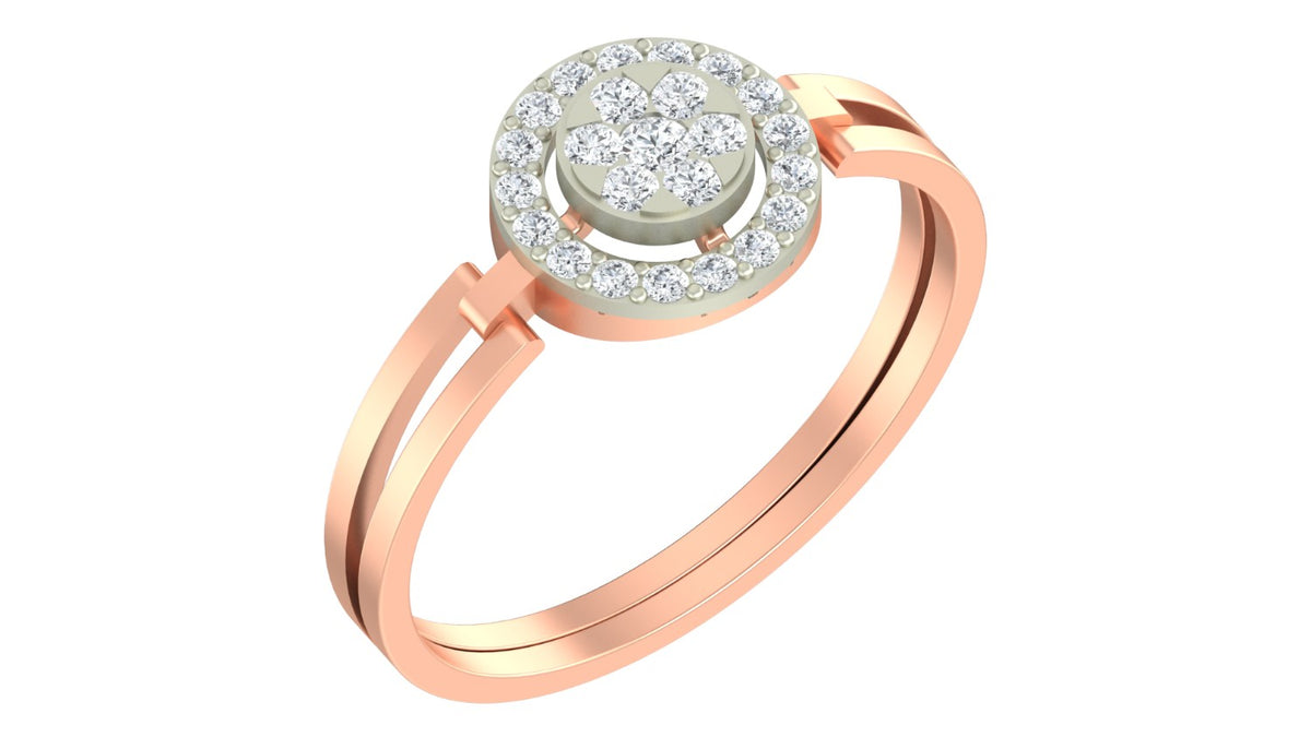 Rose gold and diamond with cluster halo design ring on a white background.