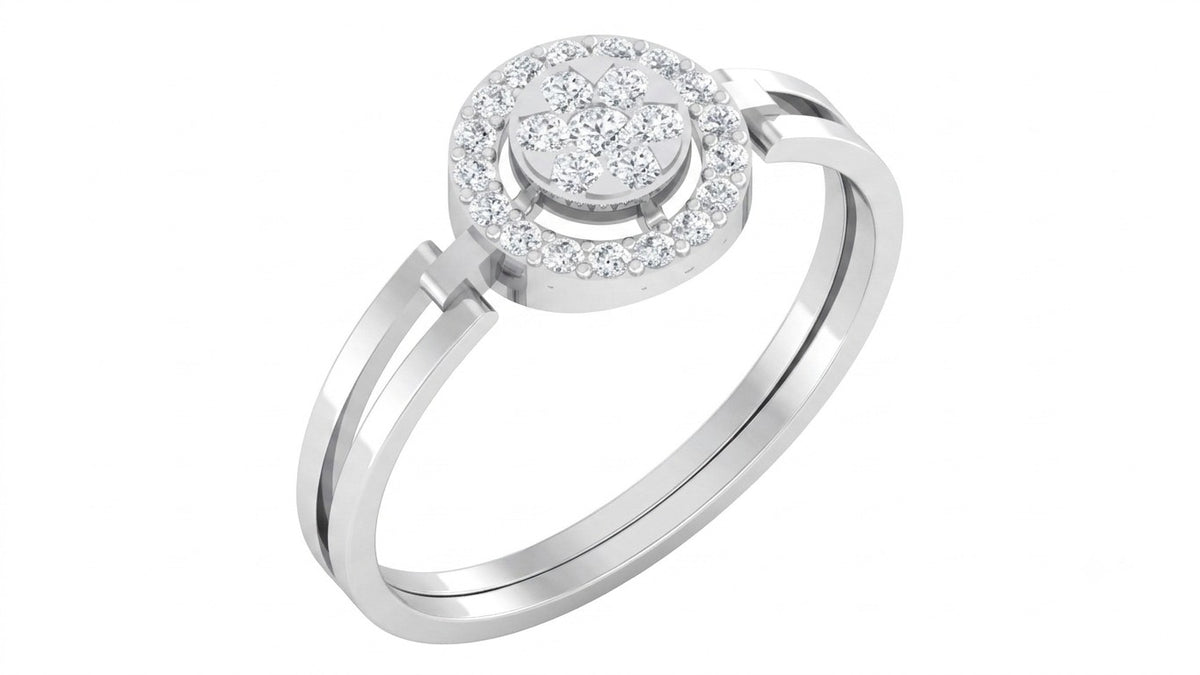 White gold and diamond with cluster halo design ring on a white background.