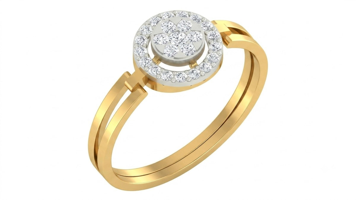 Yellow gold and diamond with cluster halo design ring on a white background.