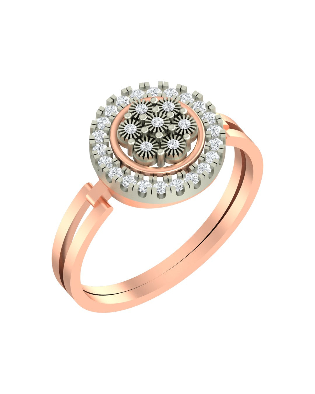 Rose gold and diamond ring with floral design on a white background