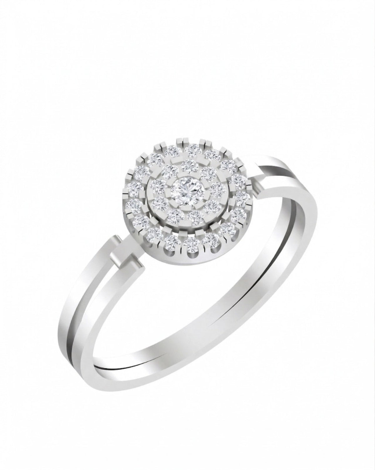 White gold ring with diamond cluster on a white background