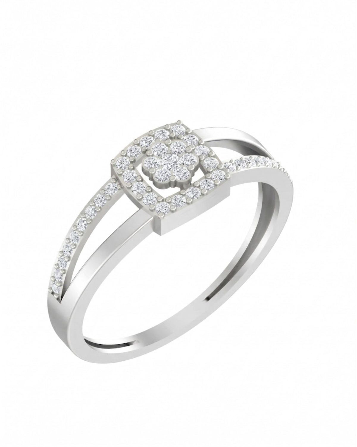A white gold ring with a square-shaped diamond cluster setting, shown on a plain white background.